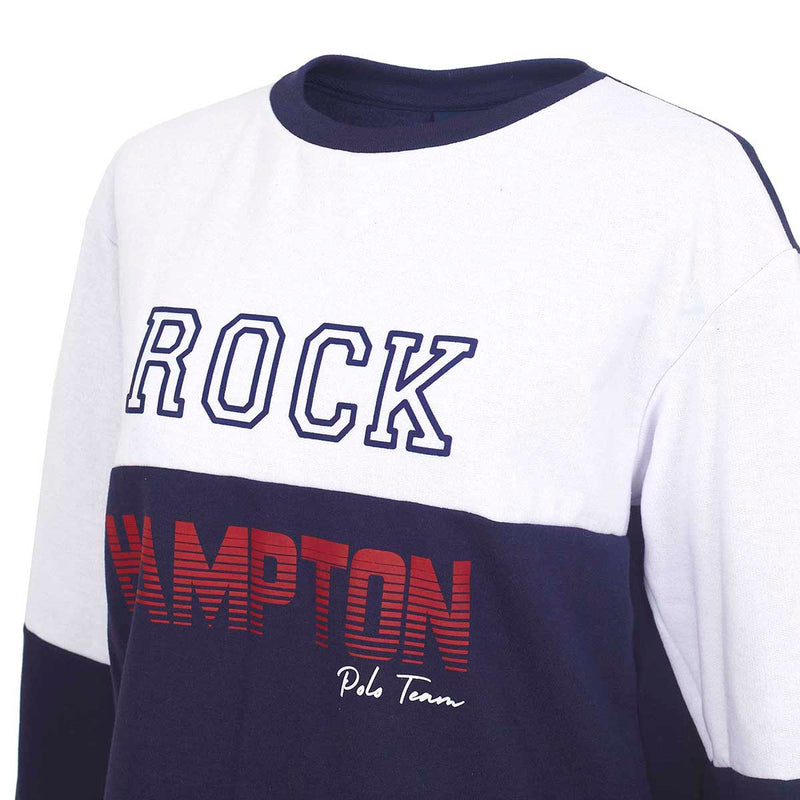 Sudadera de algodón color marino en combinación con blanco y estampado Rock Hampton en el pecho. Diseño moderno y cómodo para lucir espectacular mientras te ejercitas.